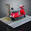 Red Scooter Parked Near Tree Stump With Fallen Leaves On Gray Pavement