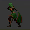 Woman In Green Hooded Cloak And Red Green Outfit With Armor Elements In Combat Stance