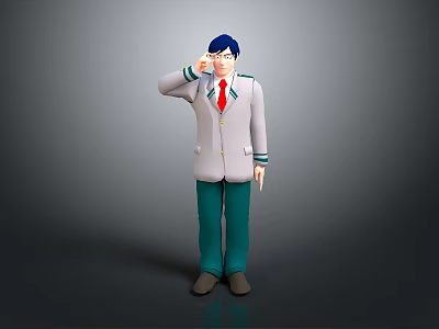 3D Human Character with Blue Hair White Coat Red Tie Green Pants Raising Right Hand 3d model