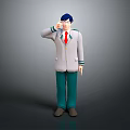 3D Human Character with Blue Hair White Coat Red Tie Green Pants Raising Right Hand