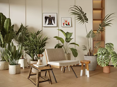 Indoor Plant Combinations With Large Leaf Potted Greenery And Home Decor Furniture In Living Space 3d model