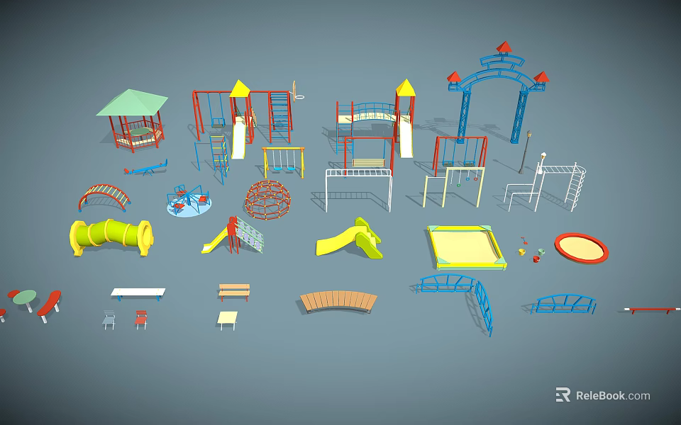 Colorful Outdoor Playground Equipment With Slides Climbing Frames Swings And Sandpits 3d model 