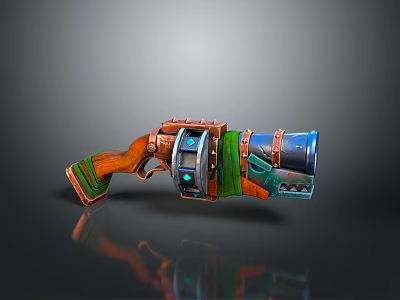 Vintage Mechanical Gun With Wooden Grip Green Accents And Blue Metal Structure 3d model