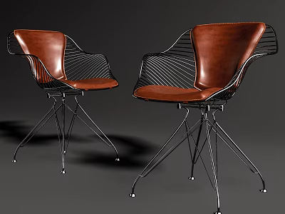 Modern Leisure Chairs With Brown Leather Seats And Black Metal Wire Mesh Backrests 3d model