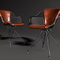 Modern Leisure Chairs With Brown Leather Seats And Black Metal Wire Mesh Backrests
