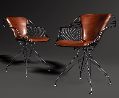 Modern Leisure Chairs With Brown Leather Seats And Black Metal Wire Mesh Backrests 3d model