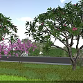Beautiful Garden Landscape With Green Grass Flowering Trees Pink Purple Flowers Blue Sky White Clouds