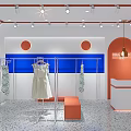 Modern Clothing Store Front With Orange Awning Window Display Mannequins And Displayed Apparel