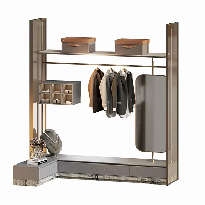 Modern Organized Wardrobe with Hanging Clothes Storage Boxes Divided Compartments Mirror and Decorative Items 3d model