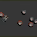 Multiple Red And Blue Metallic Cargo Boxes With Textured Surfaces On Gray Background