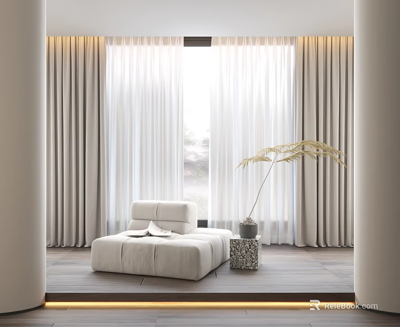 Modern Light Colored Curtains Interior With Floor To Ceiling Windows And Natural Light 3d model 