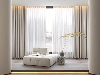 Modern Light Colored Curtains Interior With Floor To Ceiling Windows And Natural Light 3d model
