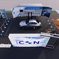 Exhibition Booth With Car Display Screen Outdoor Seating And Umbrella Shade Setup
