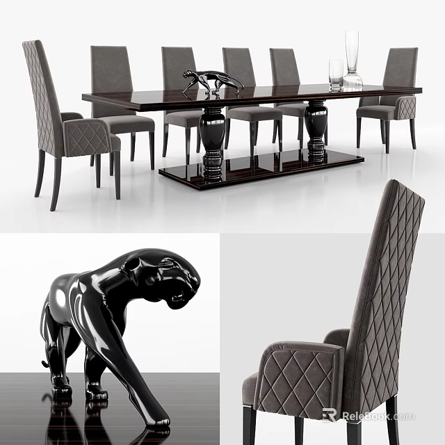 Elegant Dark Dining Table Set With Gray Diamond Patterned Chairs And Black Panther Decor 3d model