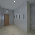 Hallway Interior With White Storage Cabinets Brown Door Gray Walls And Light Floor