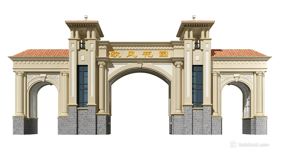 European Style Garden Entrance Gate With Archway Columns And Decorative Details 3d model 