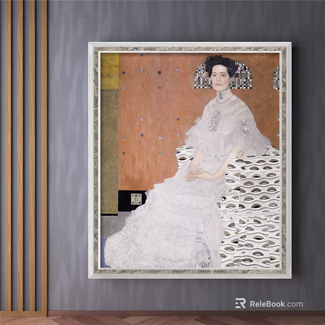 Portrait Painting of Seated Female in White Lace Dress with Decorative Chair and Framed Artwork 3d model 