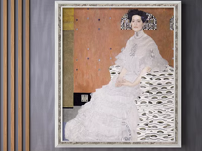 Portrait Painting of Seated Female in White Lace Dress with Decorative Chair and Framed Artwork 3d model