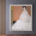 Portrait Painting of Seated Female in White Lace Dress with Decorative Chair and Framed Artwork