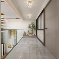 Modern Elevator Hallway Design With Glass Railing Ceiling Lights Green Plant And Gray Tiled Floor