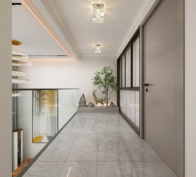 Modern Elevator Hallway Design With Glass Railing Ceiling Lights Green Plant And Gray Tiled Floor 3d model