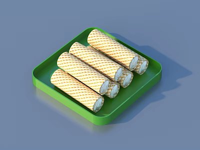 Creamy Ice Cream Filled Golden Wafer Rolls On Green Serving Tray 3d model
