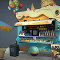 Cartoon Ice Cream Truck Scene With Colorful Umbrella Tables Chairs And Balloons