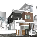 Modern Detached Villa Exterior With Trees Greenery And Front Car Parking
