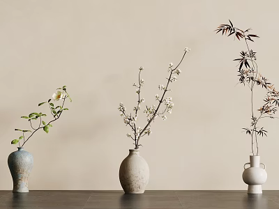 Potted Bonsai Plants in Three Vases with Blooming Branches Green Leaves on Dark Table 3d model