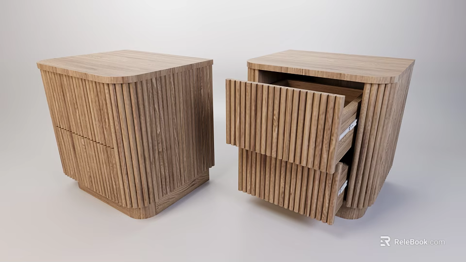 Wooden Bedside Table With Modern Vertical Slat Design And Open Drawer 3d model