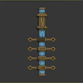 Ornamental Blue And Golden Weapon With Tiered Structure And Intricate Decorative Details