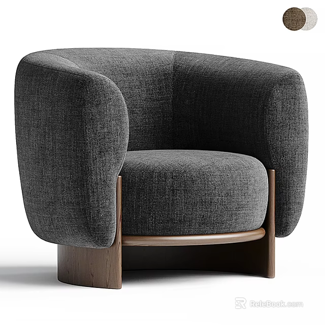 Modern Gray Fabric Single Seater Sofa With Curved Armrest And Wooden Legs 3d model 