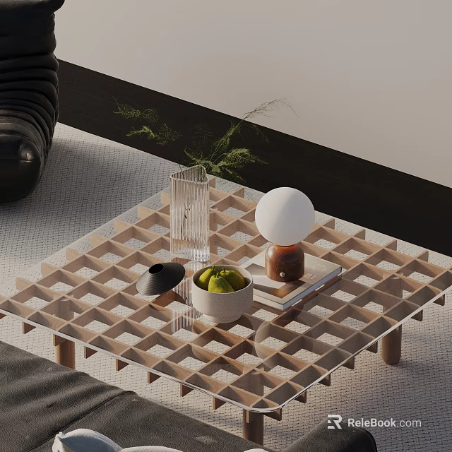 Black Leather Sofa Wooden Grid Coffee Table Set With Glass Vase Plant White Bowl Fruits 3d model 