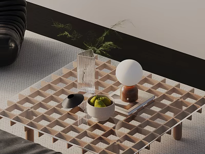 Black Leather Sofa Wooden Grid Coffee Table Set With Glass Vase Plant White Bowl Fruits 3d model