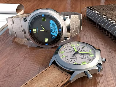 Two Stylish Watches With Metal And Leather Straps Black Silver Dials On Wooden Tabletop 3d model