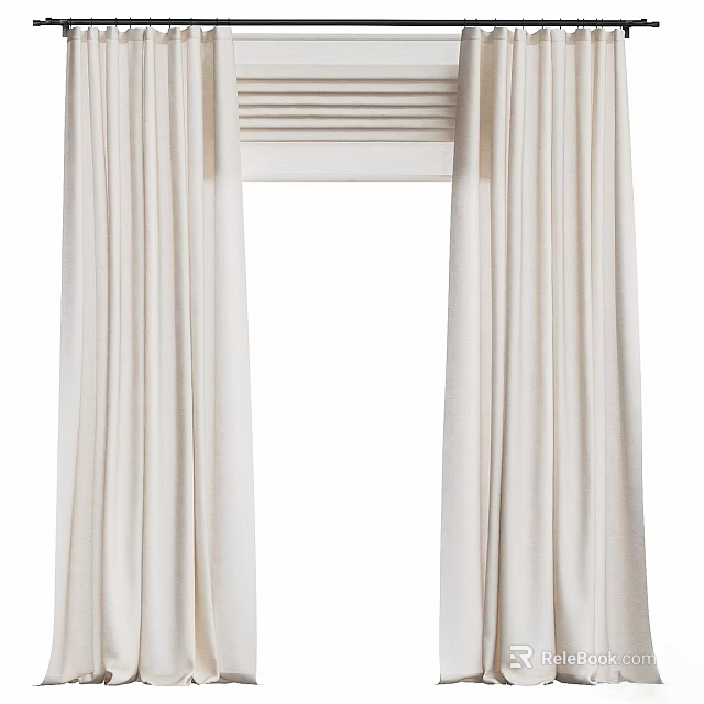 Elegant Beige Linen Curtains With Modern Window Blinds And Soft Drape Design 3d model 
