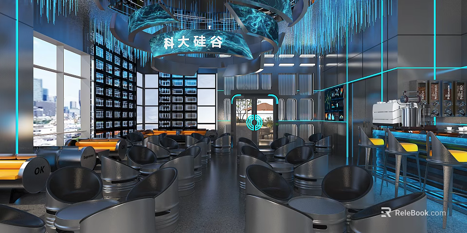 Modern Tech Style Café Interior With Blue Lighting Circular Pendant Lights Black Seats Open Space 3d model 