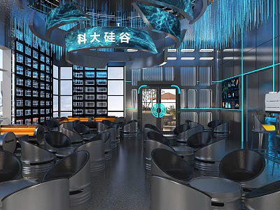 Modern Tech Style Café Interior With Blue Lighting Circular Pendant Lights Black Seats Open Space 3d model