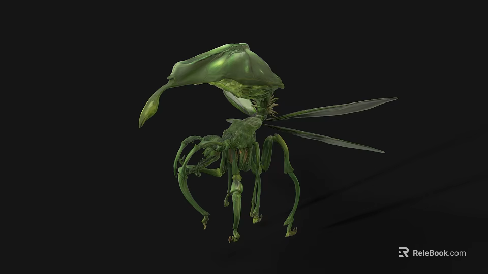 Green Insect Like Creature Character Design With Long Legs Wings And Large Head Structure 3d model 