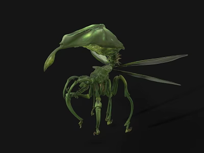 Green Insect Like Creature Character Design With Long Legs Wings And Large Head Structure 3d model