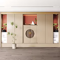 Modern Wooden Wardrobe Interior With Decorative Plants Circular Design And Open Shelves