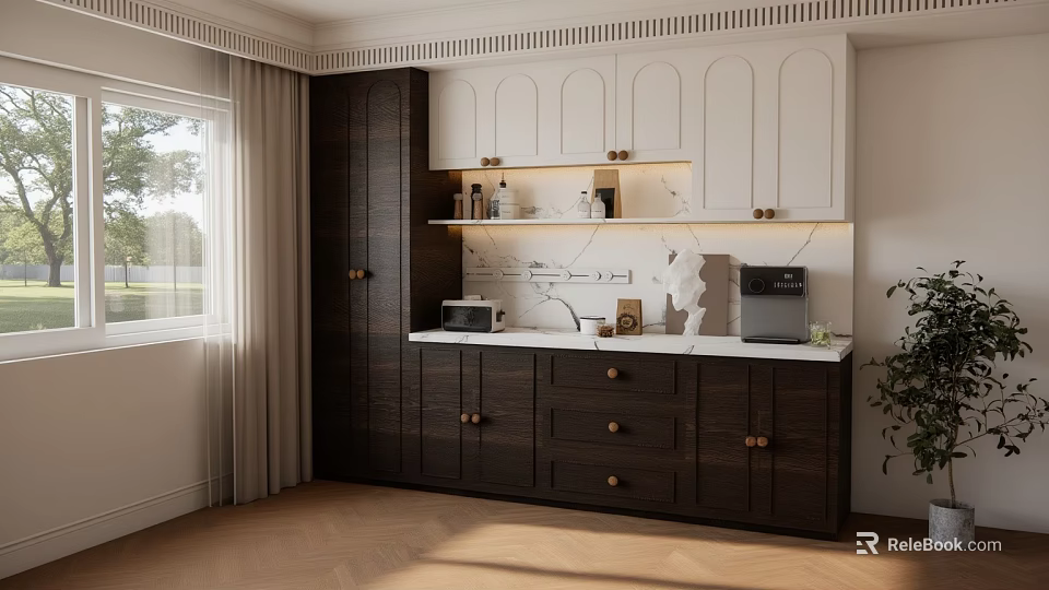 Modern Dark And White Sideboard With Marble Countertop Coffee Machine And Decorations 3d model 