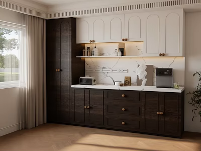Modern Dark And White Sideboard With Marble Countertop Coffee Machine And Decorations 3d model
