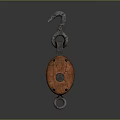 Rustic Vintage Pulley Mechanical Component With Wooden Wheel And Metal Hook