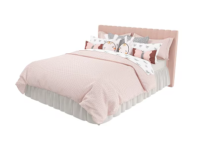 Cute Pink Children's Bed With Textured Quilt Ruffled Skirt And Patterned Pillows 3d model