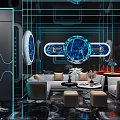 Luxury KTV Interior With Blue Neon Lights Circular Screens And Leather Seats