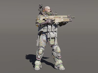 Man In Full Body Futuristic Combat Armor Holding Assault Rifle With Tactical Gear 3d model