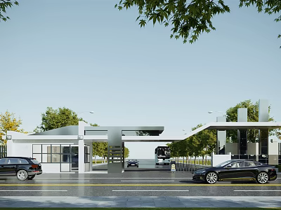 Modern Entrance Gate Structure With Black Cars And Trees Along The Road 3d model