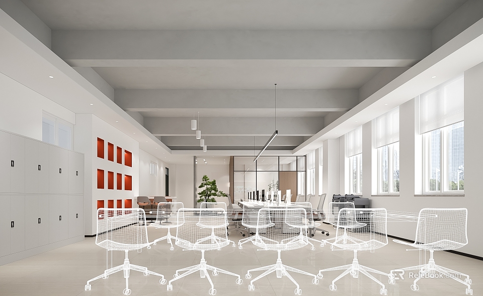 Modern Public Office Space Interior With Open Layout Desks Chairs Plants And Pendant Lights 3d model 