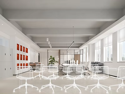 Modern Public Office Space Interior With Open Layout Desks Chairs Plants And Pendant Lights 3d model